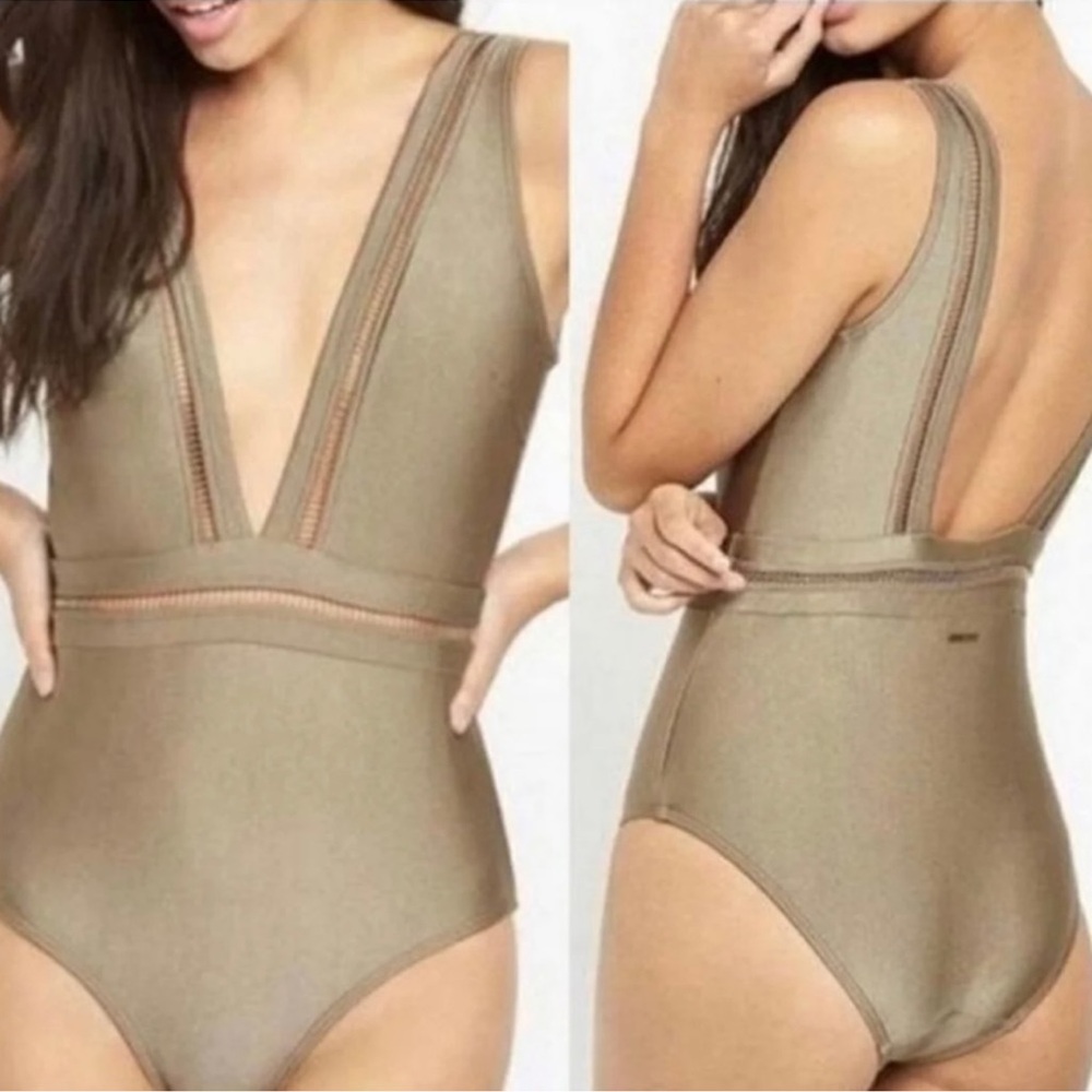 Ted Baker Khaki Pointelle Deep V Swimsuit